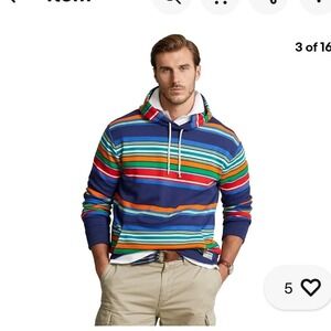 Polo Ralph Lauren Blue Striped Hoodie Sweatshirt Hooded Pullover Men's Medium